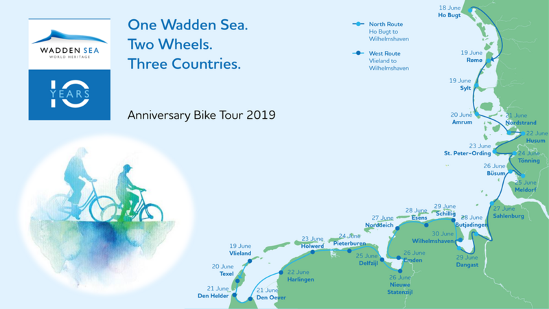Map of the Wadden Sea coast with overview of the bike tour route and main stops. © CWSS. Map of the Wadden Sea coast with overview of the bike tour route and main stops. © CWSS.